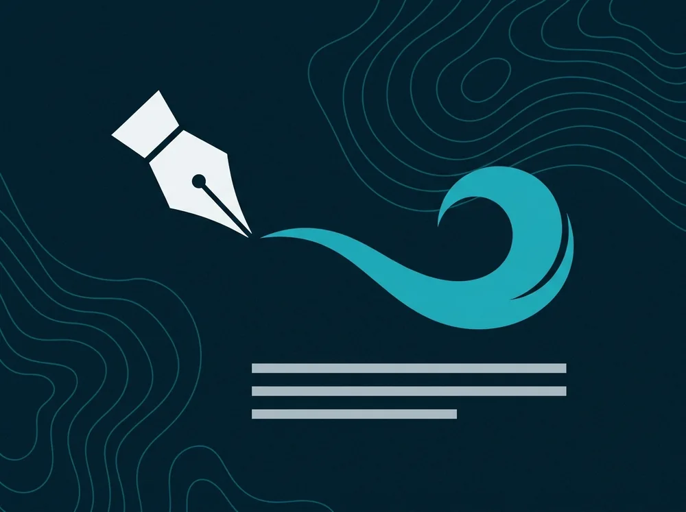 Illustration: a fountain-pen nib drawing a curling teal wave above three lines of text