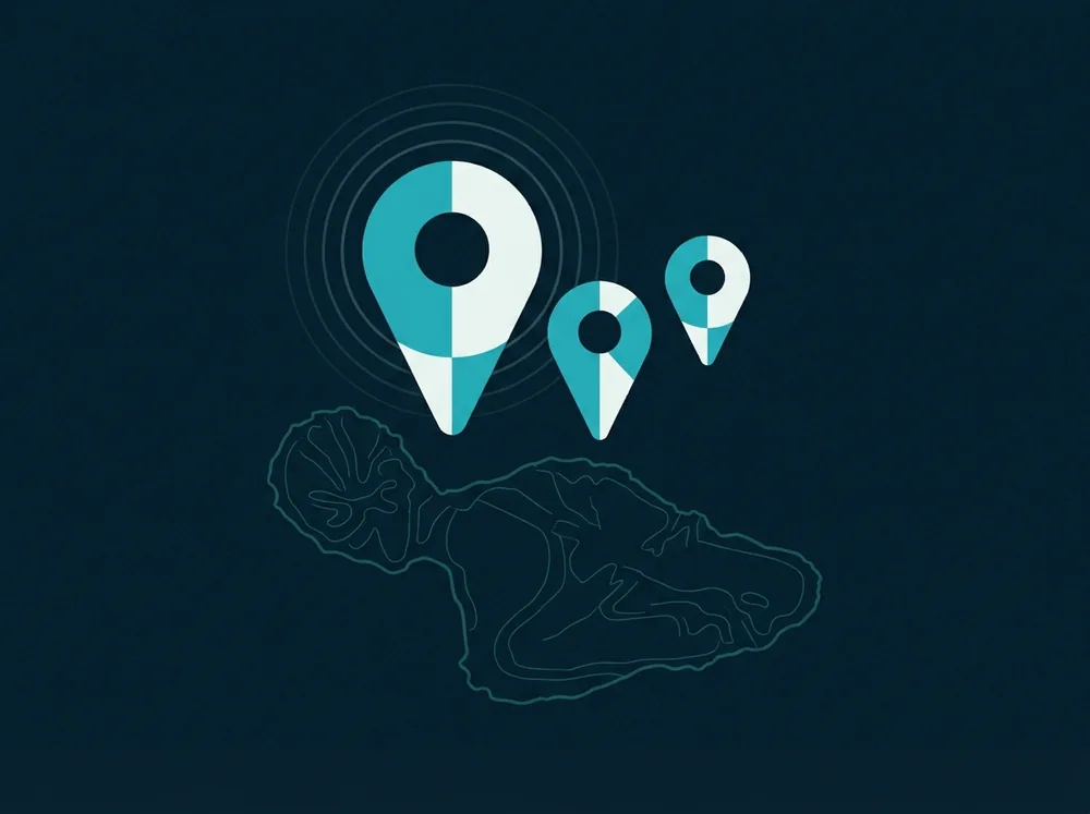 Illustration: three map pins rising over a Maui island outline