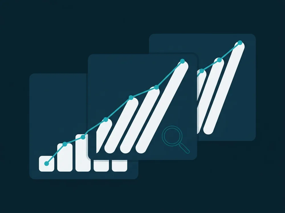 Illustration: three overlapping analytics panels with bar charts and a trend line climbing toward the top right