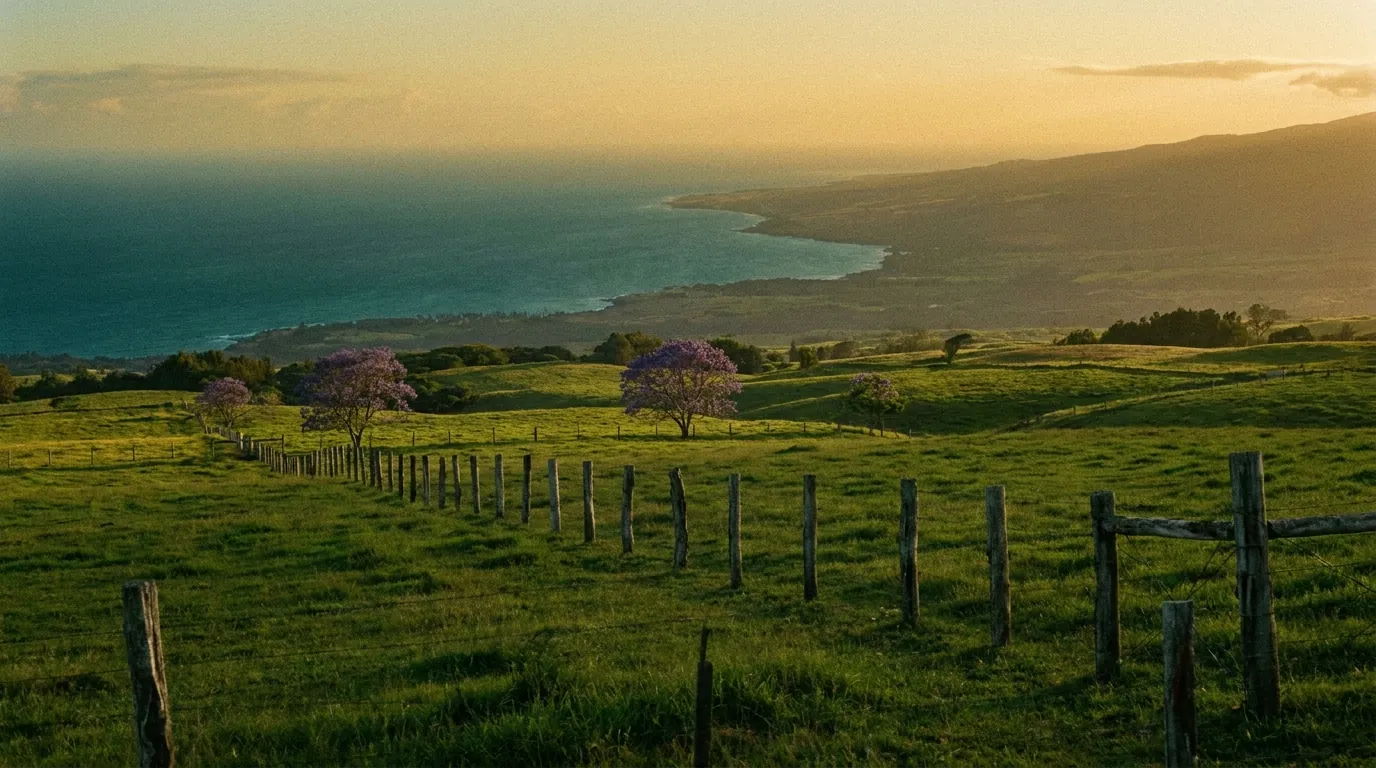 Rolling upcountry pasture with purple jacaranda blooms, the Maui coastline far below