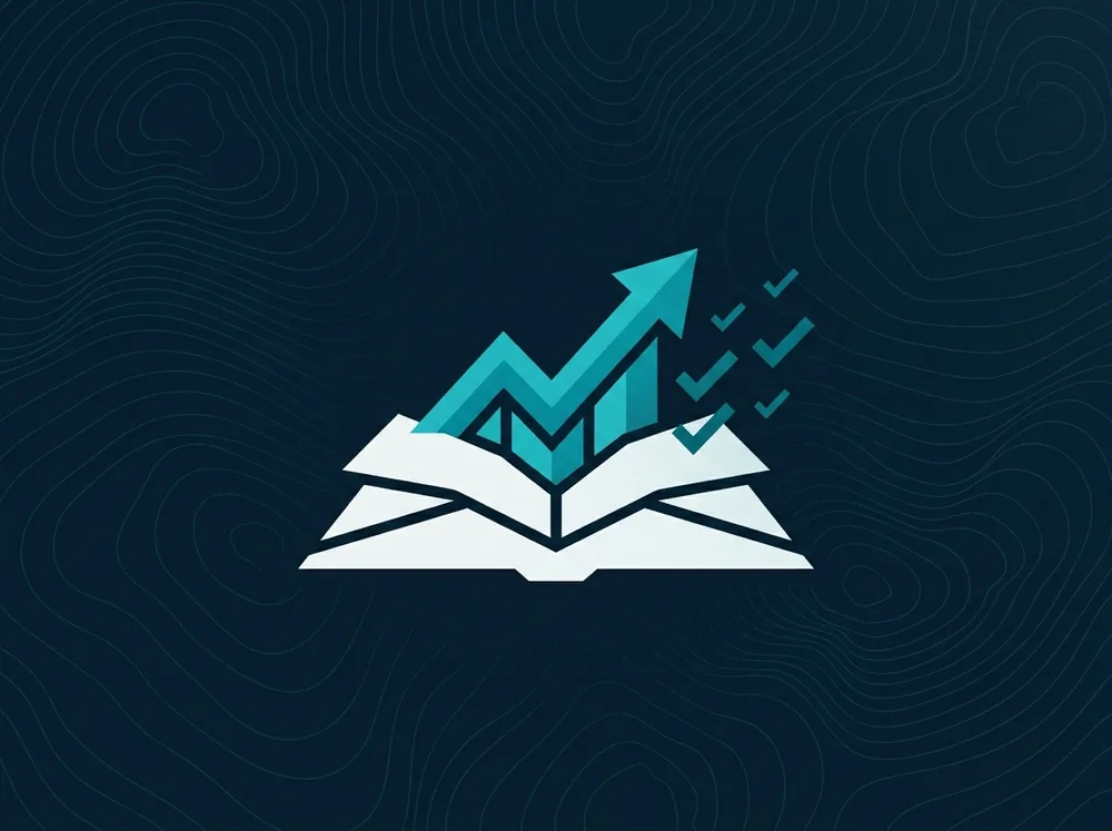 Illustration: an open book with a rising arrow chart and ticked checkboxes lifting off its pages