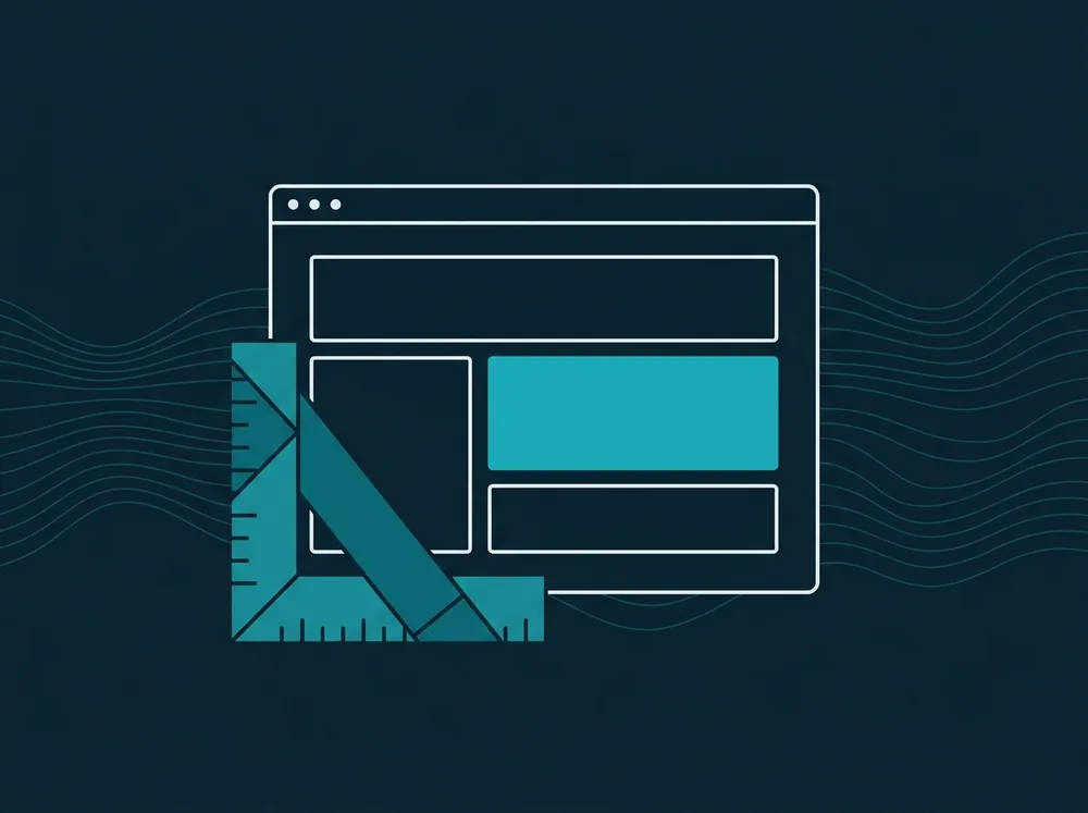 Illustration: a browser-window wireframe with layout blocks, a builder's square set against its lower corner